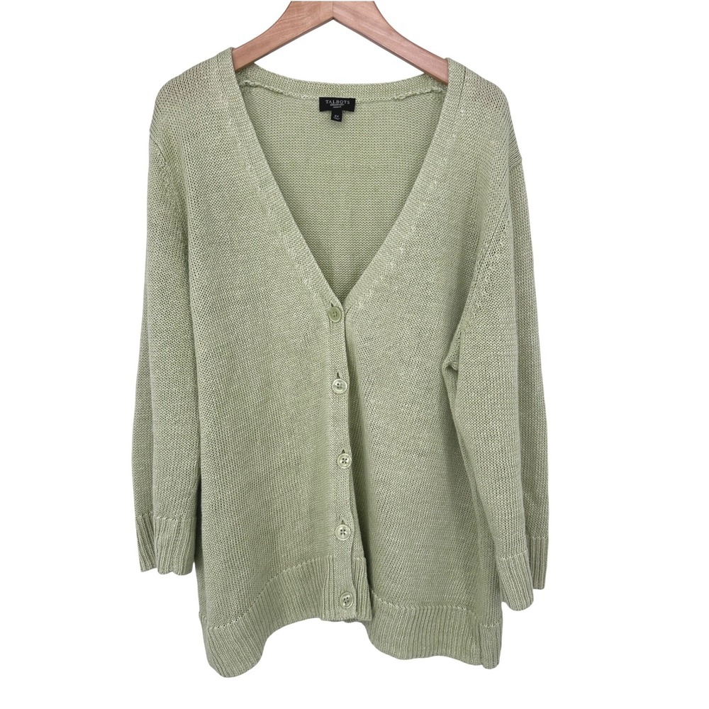 Talbots Women 2X 100% Linen Button Cardigan Green Coastal Grandma Preppy Classic
